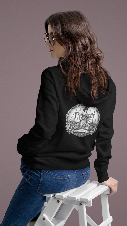 Lady Justice Illustration Hoodie | Scales of Justice Back Print