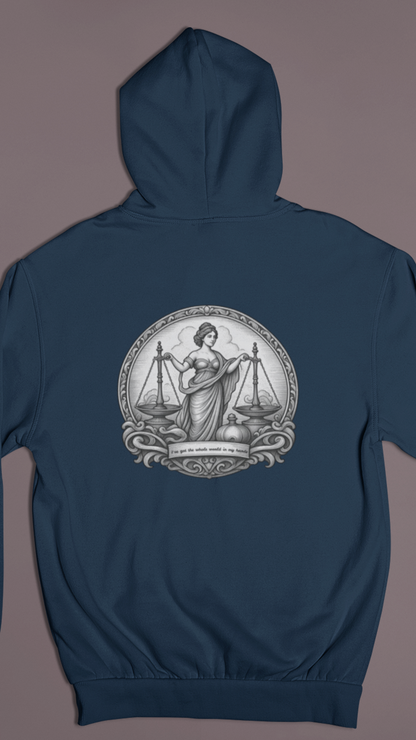 Lady Justice Illustration Hoodie | Scales of Justice Back Print