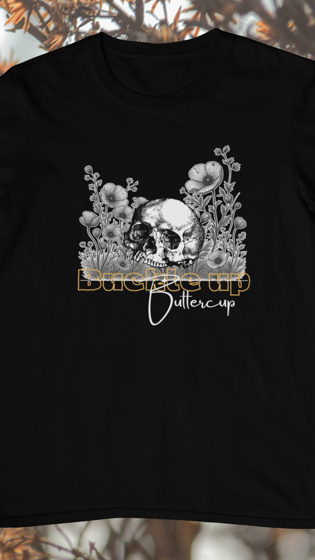 Skull and Buttercup Flowers Tee | Floral Skull Illustration Shirt
