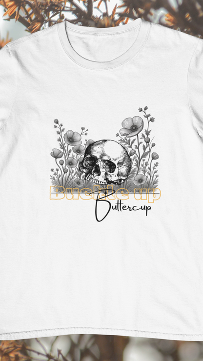 Skull and Buttercup Flowers Tee | Floral Skull Illustration Shirt