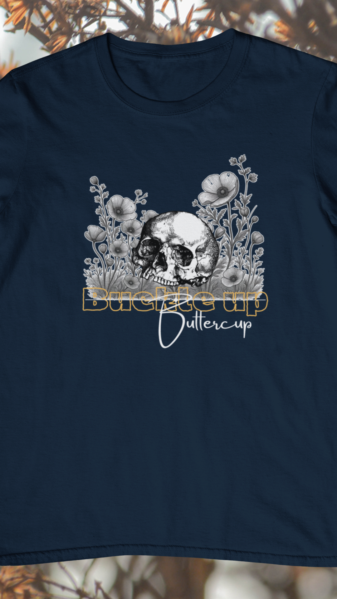 Skull and Buttercup Flowers Tee | Floral Skull Illustration Shirt