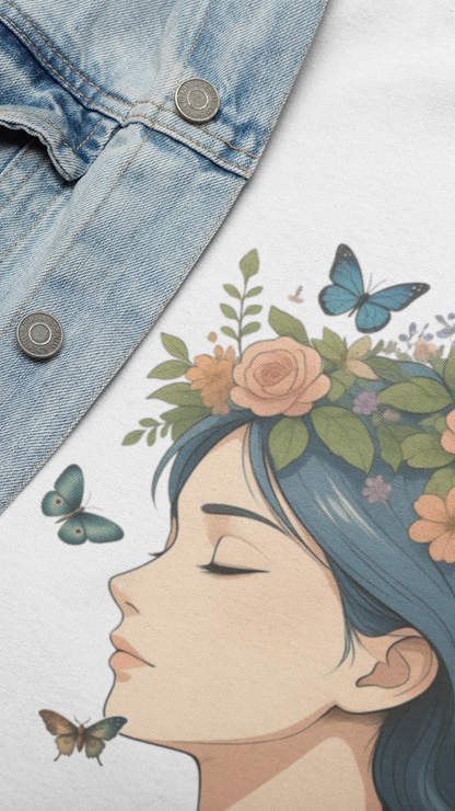 Floral Crown Girl Kids Tee | Butterfly Portrait, Botanical Illustration