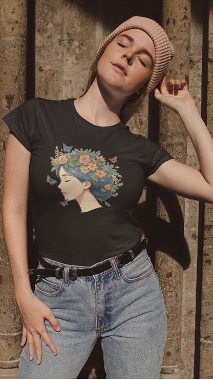 Floral Crown Girl Kids Tee | Butterfly Portrait, Botanical Illustration