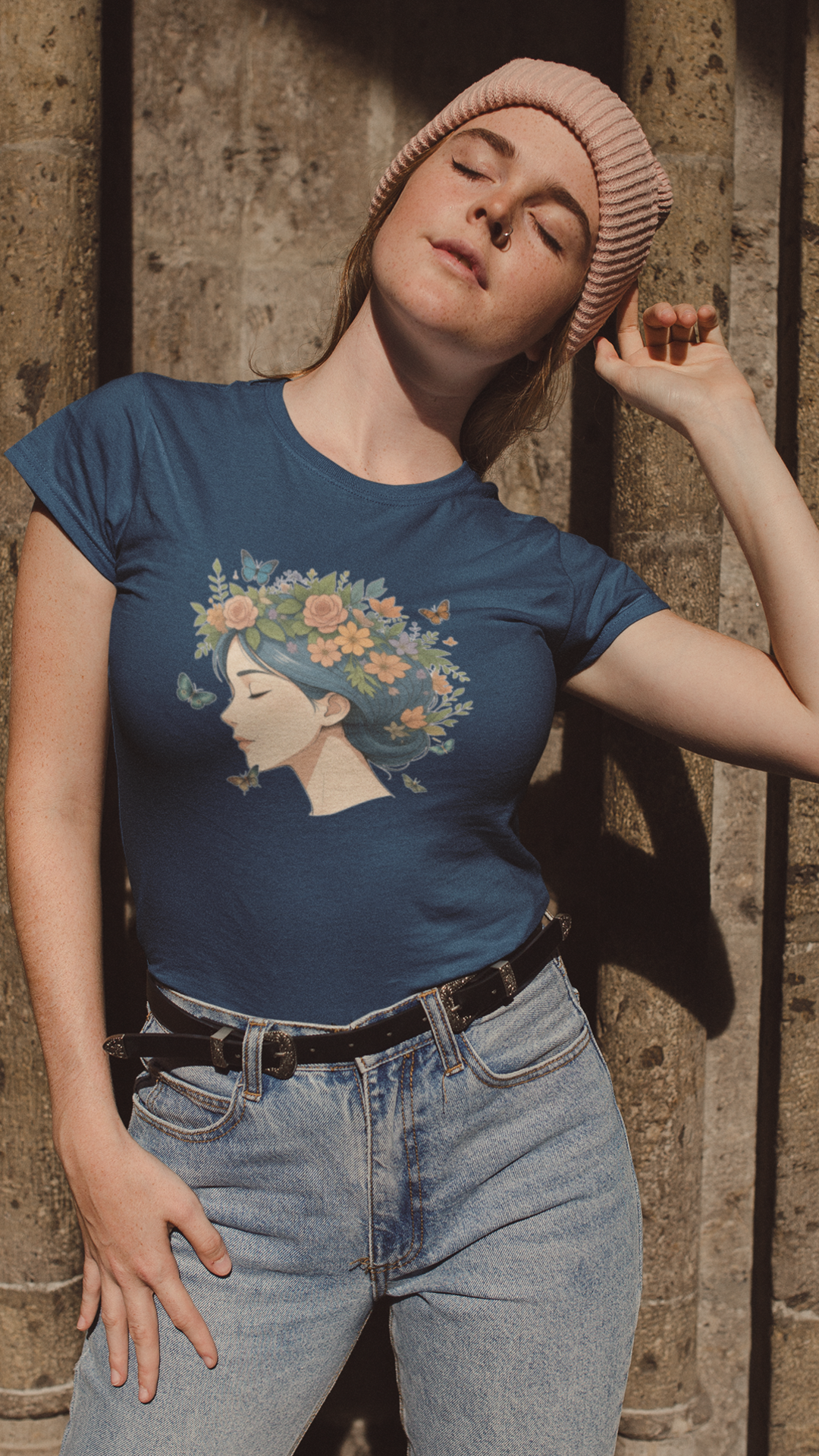 Floral Crown Girl Kids Tee | Butterfly Portrait, Botanical Illustration