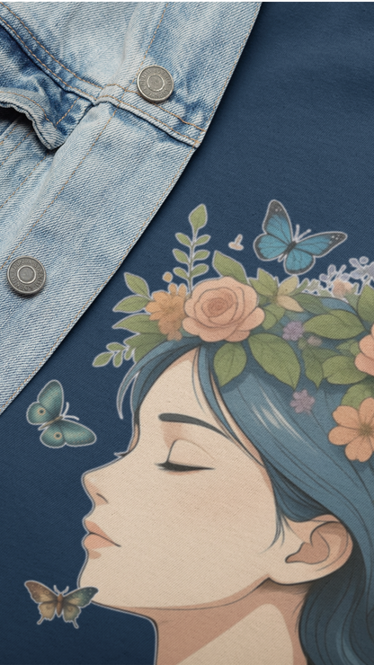 Floral Crown Girl Kids Tee | Butterfly Portrait, Botanical Illustration