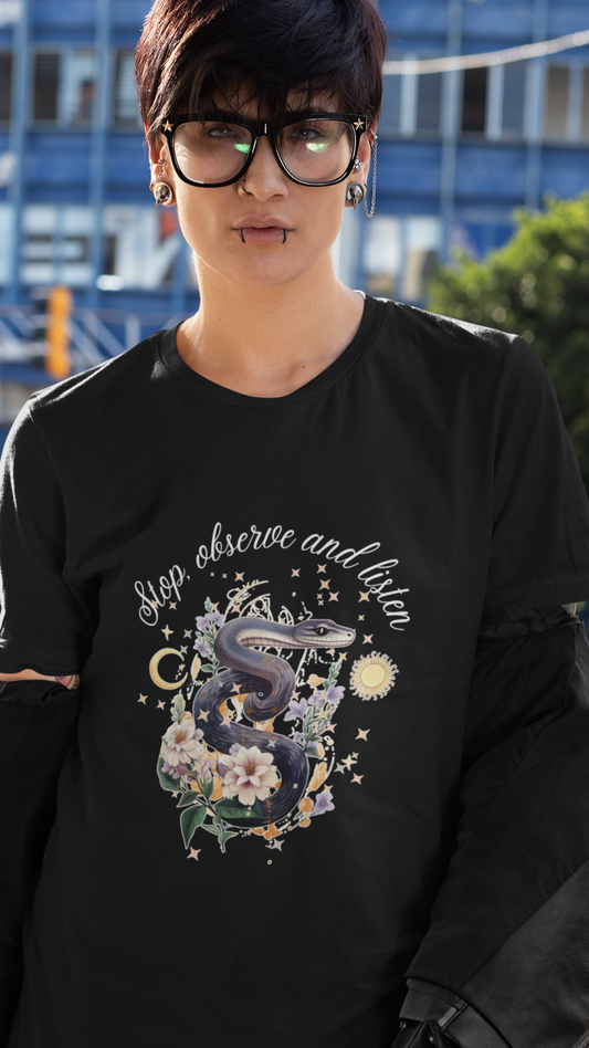 Sleep Observe and Listen shirt | Moon, snake & floral astrology tee