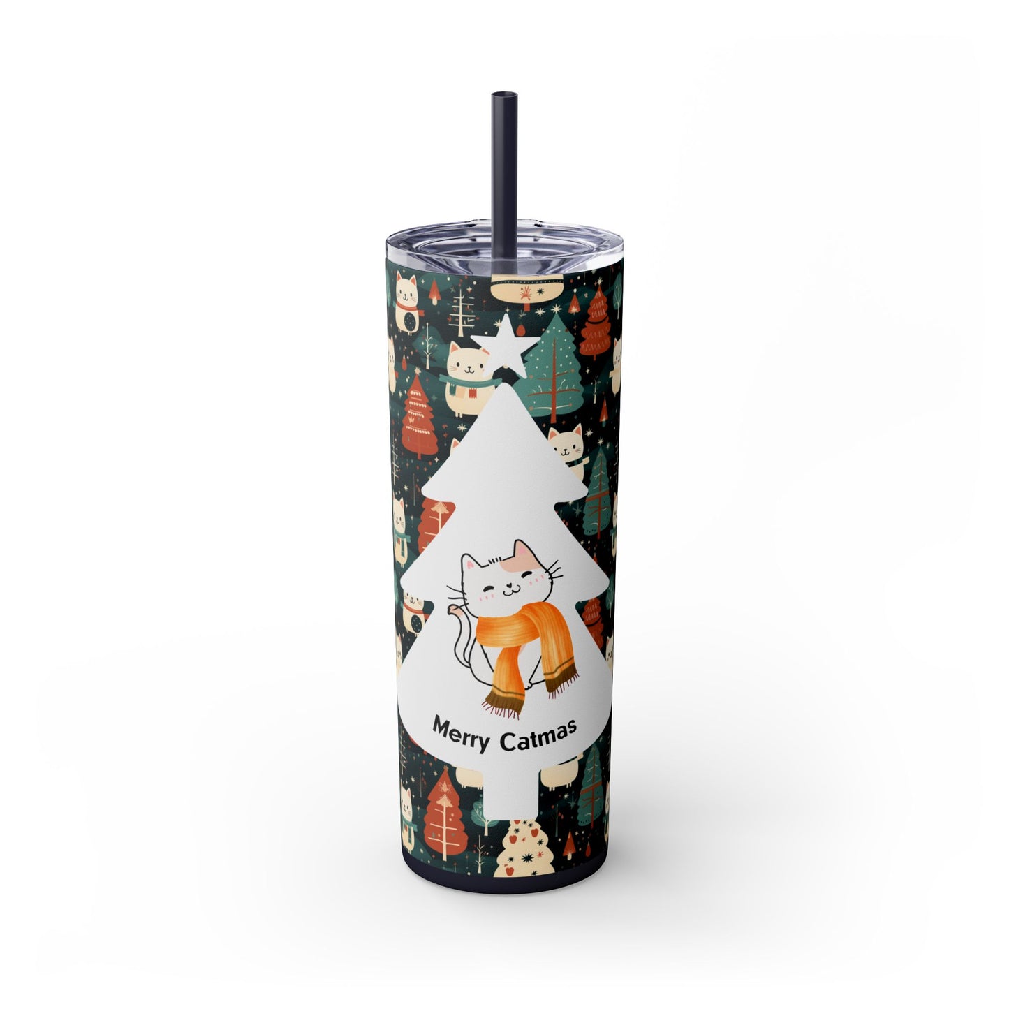 Cute Cat Lover Gift - Merry Catmas Skinny Tumbler with Straw 20oz