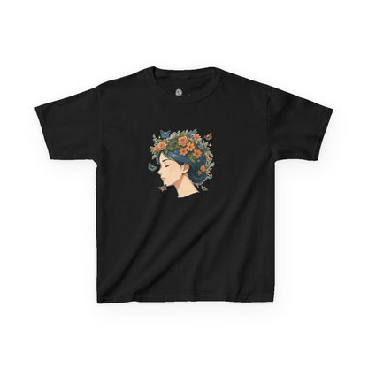Floral Crown Girl Kids Tee | Butterfly Portrait, Botanical Illustration