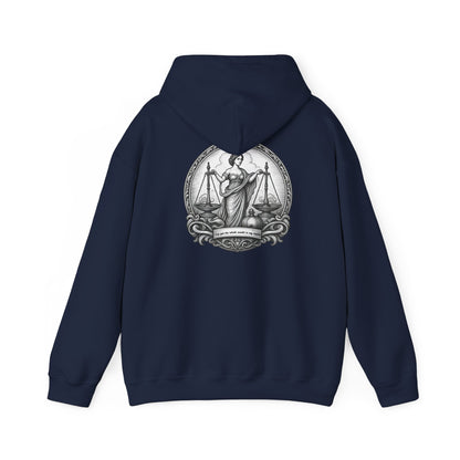 Lady Justice Illustration Hoodie | Scales of Justice Back Print