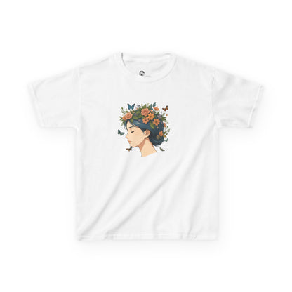 Floral Crown Girl Kids Tee | Butterfly Portrait, Botanical Illustration