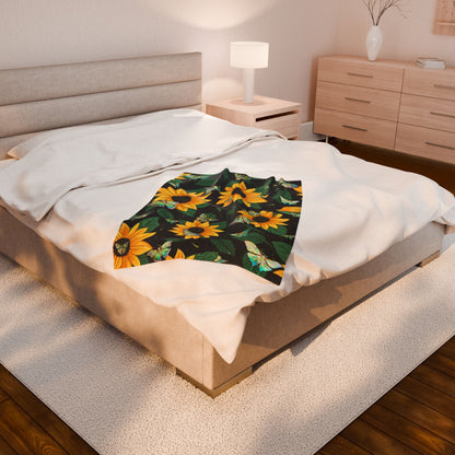 Soft and Luxurious Sunflower and Luna Moth Velveteen Blanket - Perfect for Bringing the Outdoors In